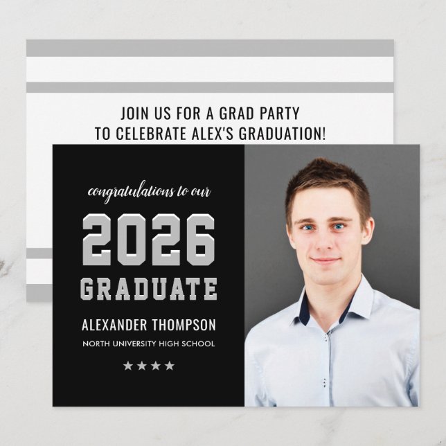2023 Graduate Black Gray Graduation Party Foto Einladung (Vorne/Hinten)