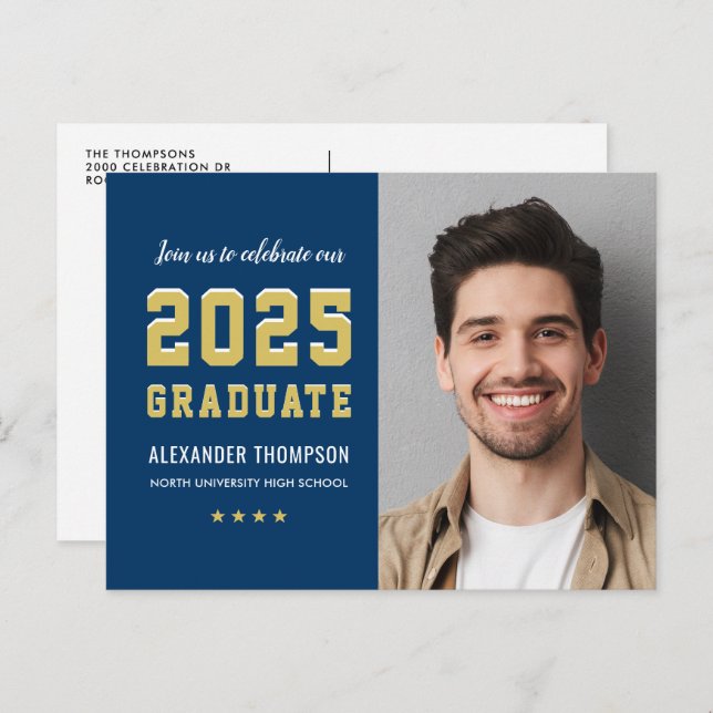 2023 Graduate Navy Gold Graduation Party Foto Einladungspostkarte (Vorne/Hinten)