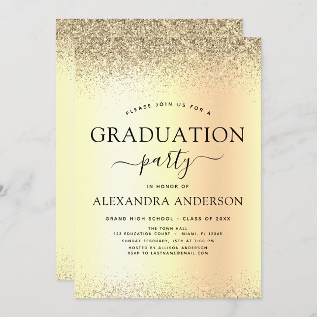2023 Graduation Party Glitzer Gold Black Einladung (Vorne/Hinten)