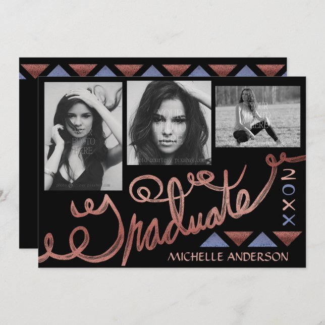 2023 Graduation Party Rose Gold Typografie Foto Einladung (Vorne/Hinten)