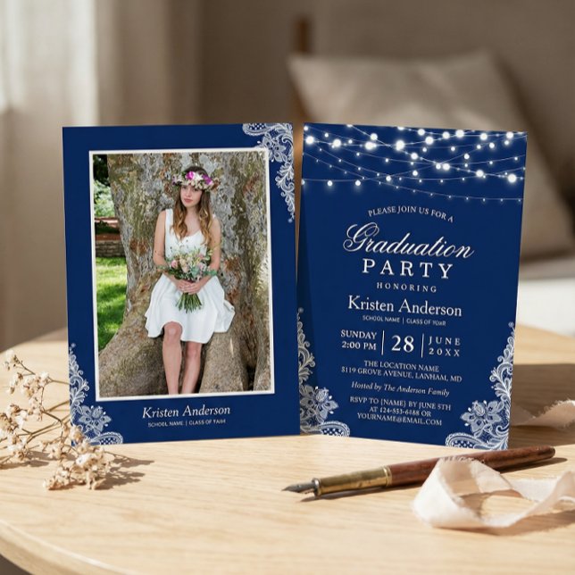 2023 Graduation Party String Lights Lace Navy Blue Einladung (Von Creator hochgeladen)