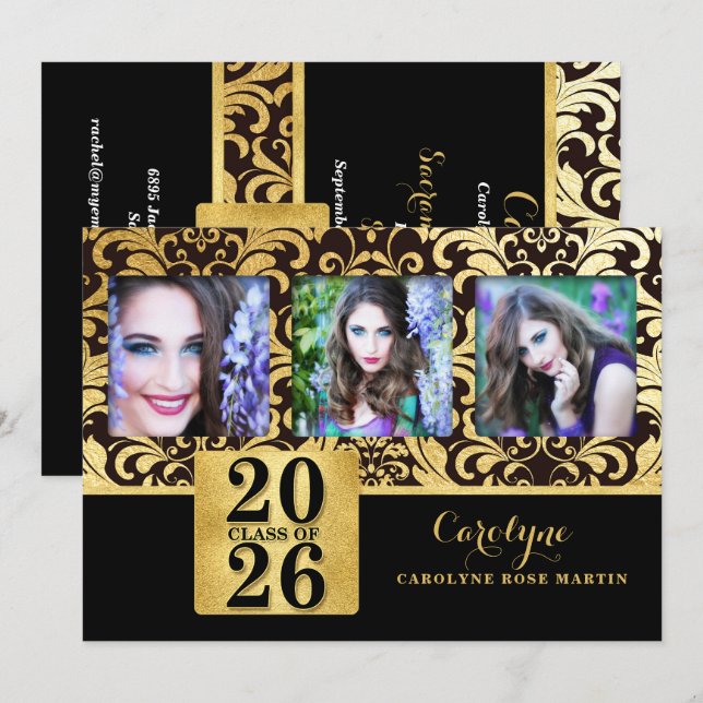 2023 Imitate Gold und Black Elegant Class of Foto Einladung (Vorne/Hinten)