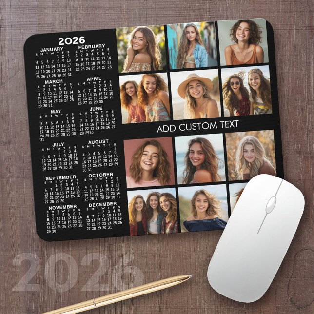 2023 Kalender - 12 Foto-Collage - schwarz Mousepad (2026 Calendar with a Photo Collage on a Mousepad)