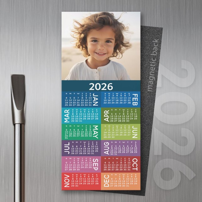2023 Kalender 1 FotoCollage farbenfroher Hintergru Magnetkarte (2026 Calendar Magnet for the Fridge or Home Office - Add a Photo for a Personal Touch)