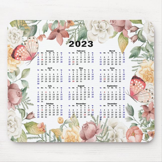 2023 Kalender Custom Floral Rose Pink Butterfly  Mousepad (Vorne)