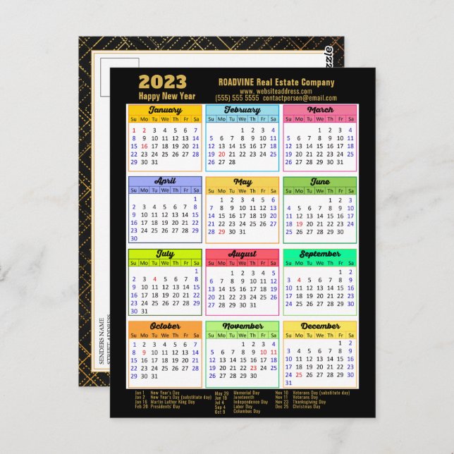 2023 Kalender Modernes Black Gold Script Business Postkarte (Vorne/Hinten)