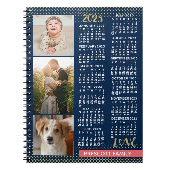 2023 Kalender Navy Koral Gold Familie Foto Collage Notizblock (Vorderseite)