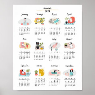 2023 Kalender Niedlicher Cartoon Katzen und Hunde Poster