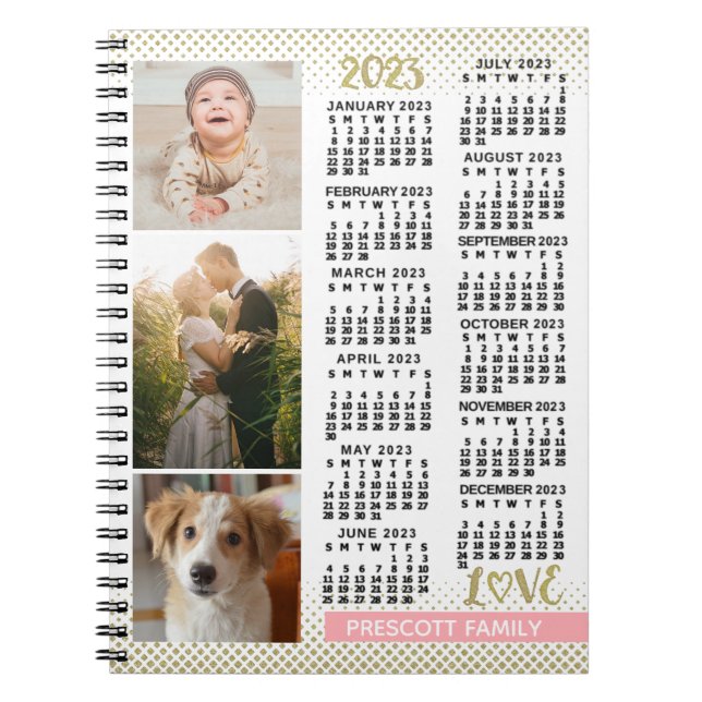 2023 Kalender Rosa Gold Familienfoto Collage Notizblock (Vorderseite)