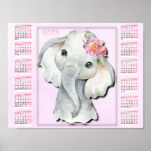2023 Kinderkalender, Aquarell-Elefant, Blumen