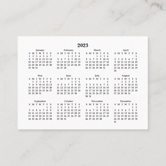2023 Mini Kalender Sonntag Start White Visitenkarte (Rückseite)