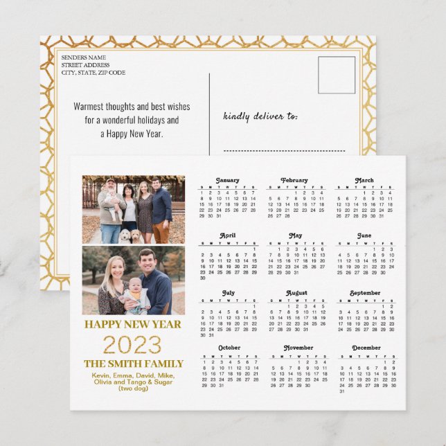 2023 Moderner Gold Glitzer Script 2 Foto Kalender Postkarte (Vorne/Hinten)