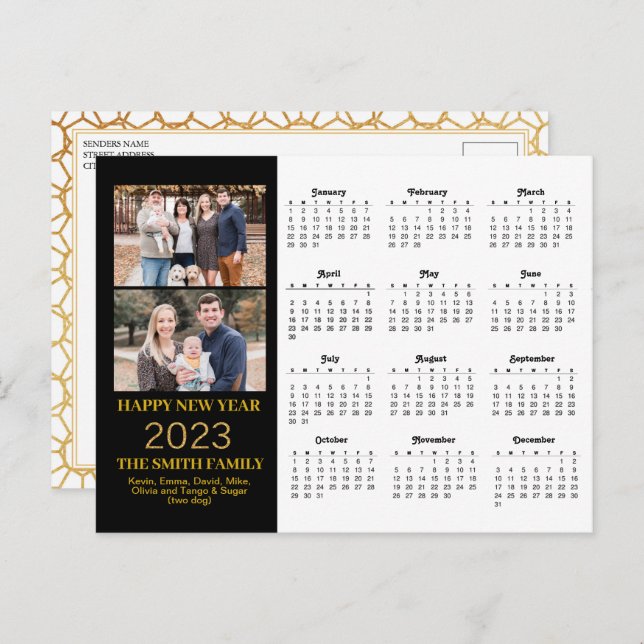 2023 Moderner Gold Glitzer Script 2 Foto Kalender Postkarte (Vorne/Hinten)