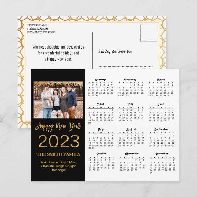 2023 Moderner Gold Glitzer Script Foto Calendar Postkarte (Vorne/Hinten)