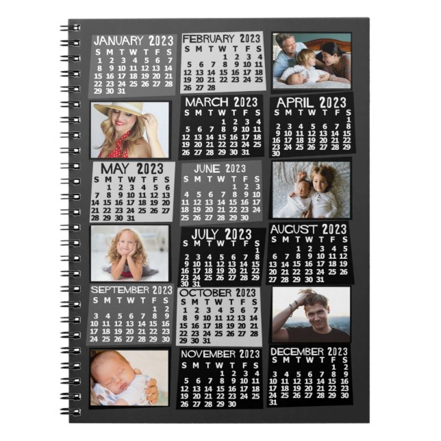 2023 Monatlicher Kalender Schwarz Mod 6 FotoCollag Notizblock (Vorderseite)