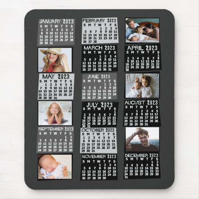 2023 Monatskalender Mod Schwarzes FotoCollage Mousepad (Vorne)