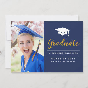 2023 Navy Blue Gold Photo Graduation Announcement Einladung