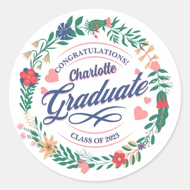 2023 Retro Blume Wreath Grad Party Napkins Runder Aufkleber (Vorderseite)