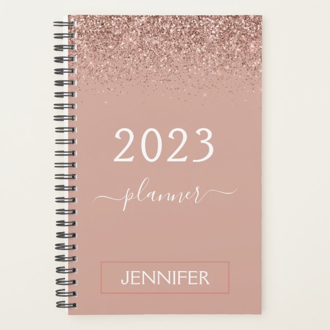 2023 Rose Gold Blush Pink Glitzer Monogram Girly Planer (Vorderseite)