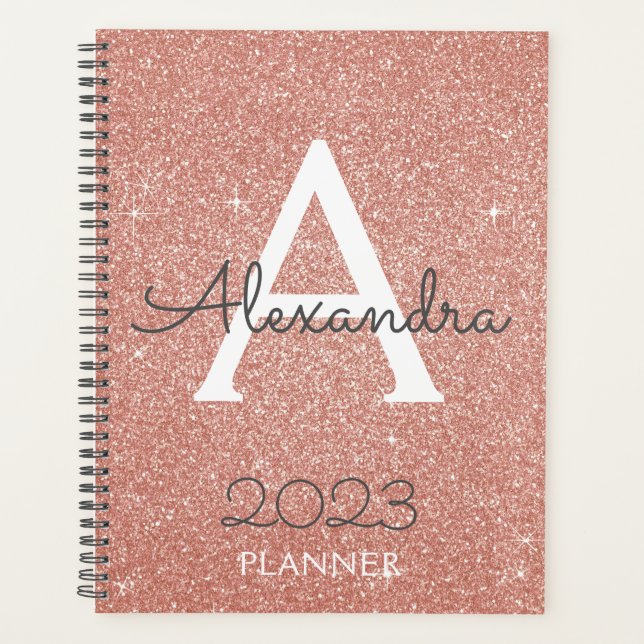2023 Rose Gold Blush Pink Glitzer Monogram Planer (Vorderseite)