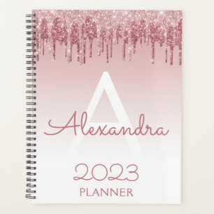 2023 Rose Gold Blush Pink Glitzer Sparkle Monogram Planer