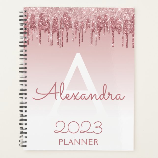 2023 Rose Gold Blush Pink Glitzer Sparkle Monogram Planer (Vorderseite)