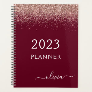 2023 Rose Gold Pink Burgundy Glitter Monogram Planer