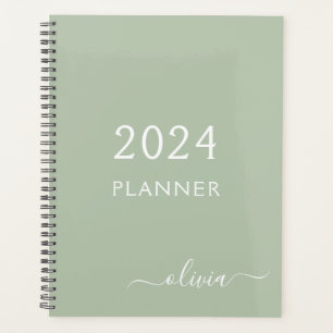 2023 Sage Green Script Monogram Name Modern Planer