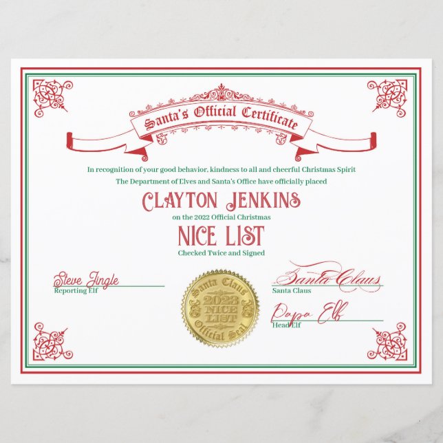2023 Santa Nice List Certificate (Vorderseite)