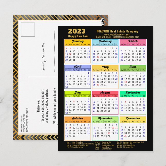 2023 Schwarzes Script - Moderner Kalender für Unte Postkarte (Vorne/Hinten)