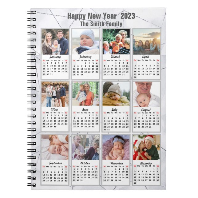 2023 Silver Gold Moderne Familie 12 Foto Kalender Notizblock (Vorderseite)