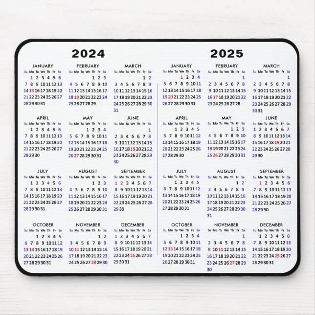 2024 - 2025 Kalender Einfach Schwarz mit US-Urlaub Mousepad (Vorne)