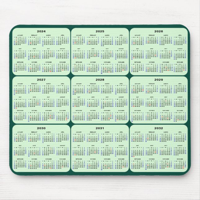 2024 - 2032 Kalender mit US Holidays Dark Green Mousepad (Vorne)