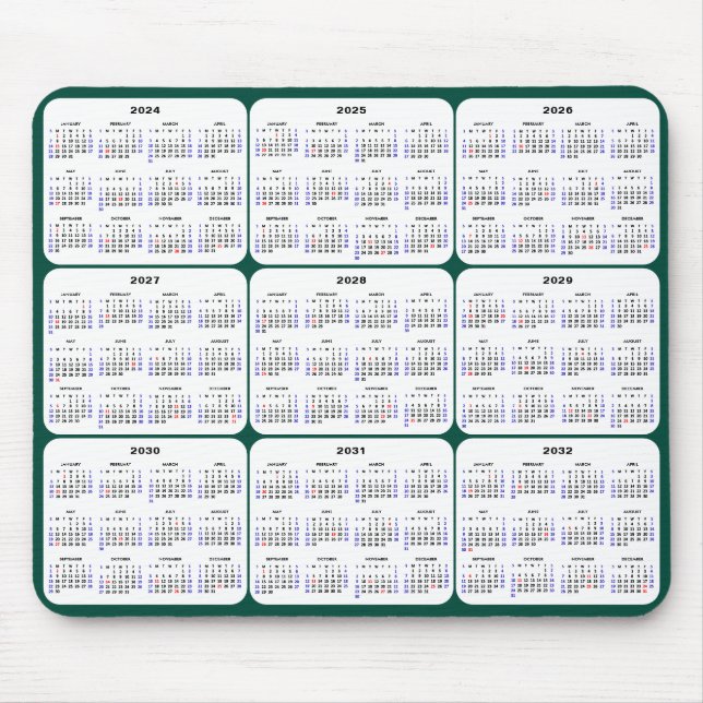 2024 - 2032 Kalender mit US Holidays Dark Green Mousepad (Vorne)