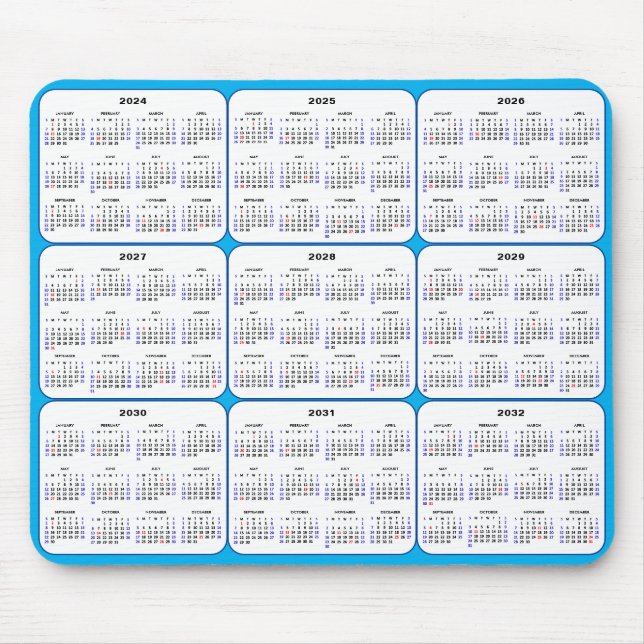 2024 - 2032 Kalender mit US Holidays on Sky Blue Mousepad (Vorne)