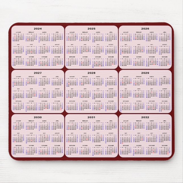 2024 - 2032 Kalender mit US Holidays Red Pink Mousepad (Vorne)