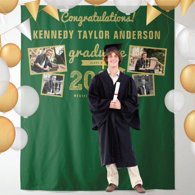 2024 Abschluss für Hochschulabschluss 4 Foto Hinte Wandteppich (2024 Gold Sketch Graduation Party 4 Photo Backdrop by fat*fa*tin @ www.zazzle.com/color_therapy)