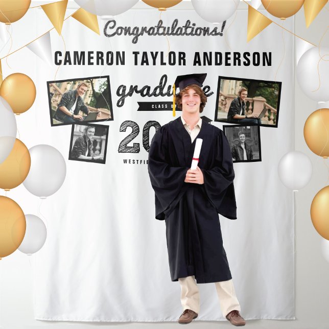 2024 Abschluss für Hochschulabschluss 4 Foto Hinte Wandteppich (2024 Black Sketch Graduation Party 4 Photo Backdrop by fat*fa*tin @ www.zazzle.com/color_therapy)