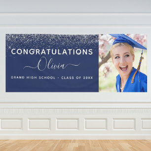 2024 Abschluss Glitzer Navy Blue Silver Modern Banner