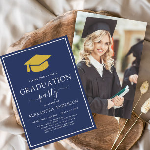 2024 Abschluss Navy Blue Gold Foto Picture Invit Einladung