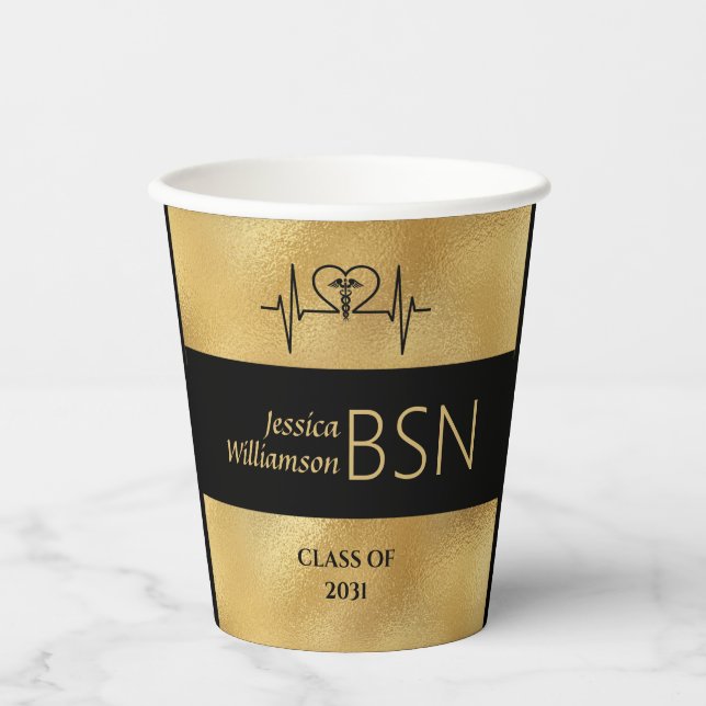 2024 Abschluss NURSE BSN Name Year Black Gold Pappbecher (Vorderseite)