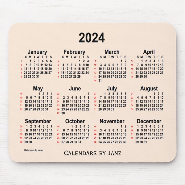 2024 Antique White 52 Weeks Calendar von Janz Mousepad (Vorne)