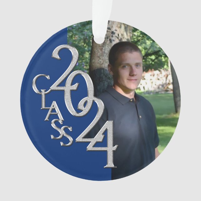 2024 Blau- und Silberner Abschluss Foto Ornament (Vorderseite)