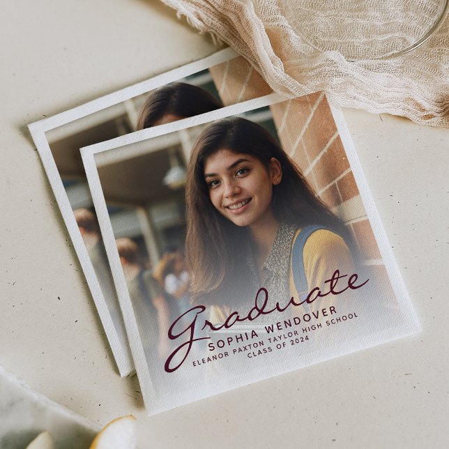 2024 Burgund Script Foto Graduation Party Serviette (Von Creator hochgeladen)