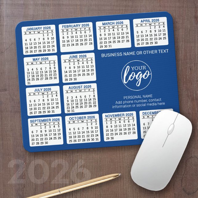 2024 Calendar - add logo, Contact Information Blue Mousepad (2026 Calendar with your logo or photos - Great Business Gift or Home Office Decor)
