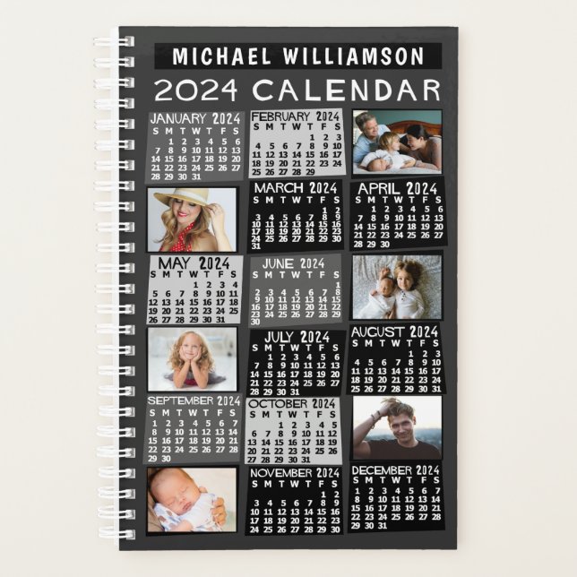 2024 Calendar Black Mod 12 Foto Collage Name Sm Planer (Vorderseite)