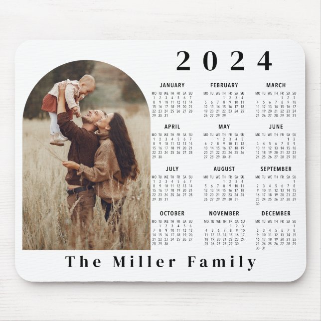 2024 Calendar boho modern 1 Foto Schwarz-weiß Mousepad (Vorne)