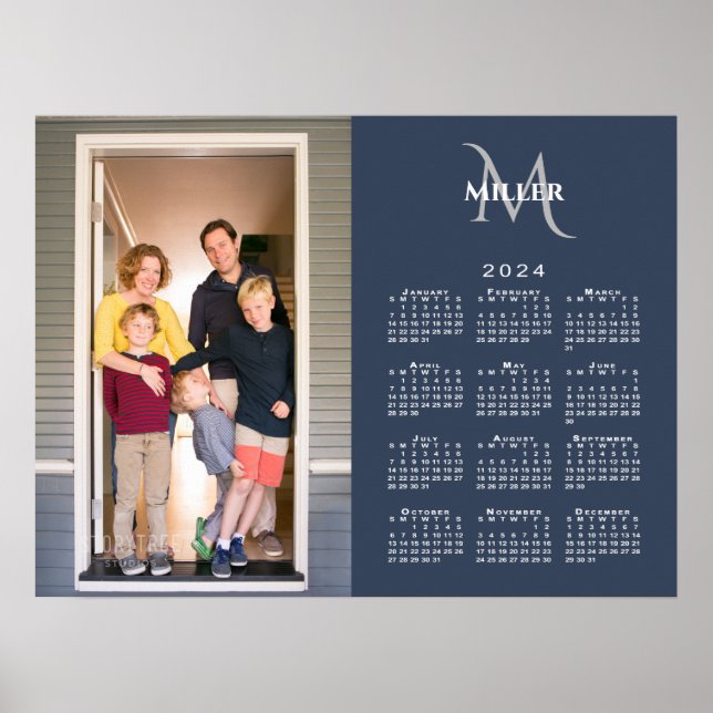 2024 Calendar Custom Foto Monogram Name Navy Blue Poster (Vorne)