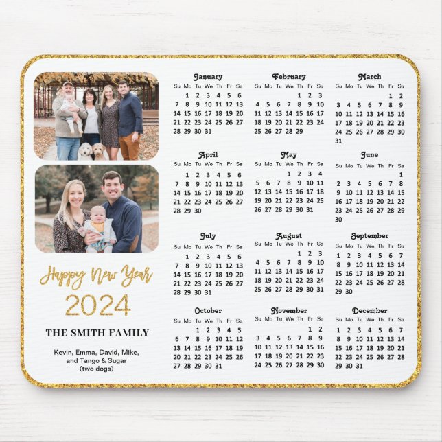 2024 Calendar Gold Glitzer Script 2 Family Foto Mousepad (Vorne)