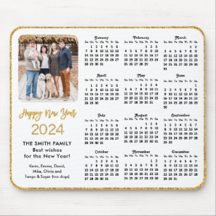 2024 Calendar Gold Glitzer Script Family Foto Mousepad